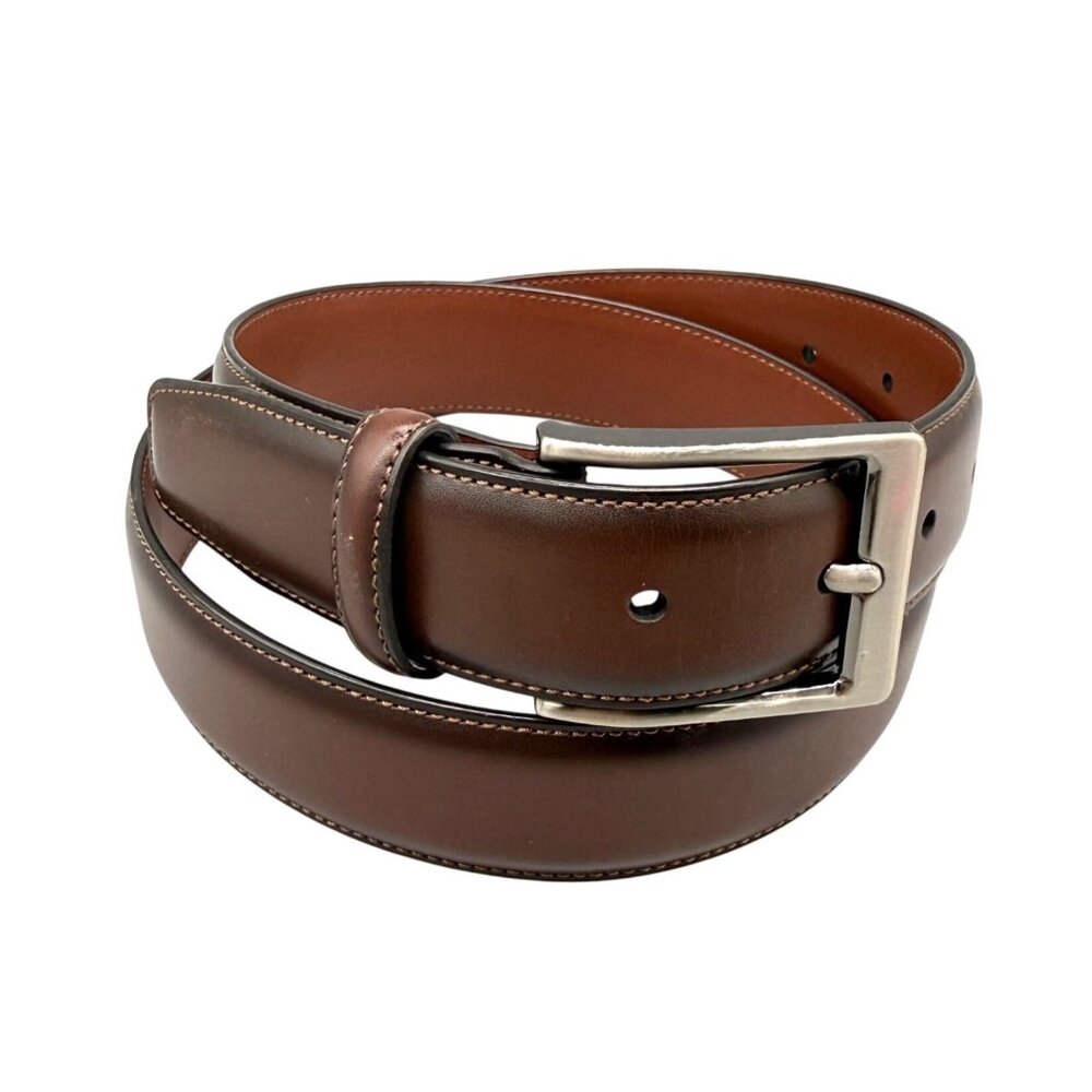 Original Penguin Men's Bonded Leather Belt  Brushed Silver Buckle Brown 30